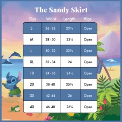 LOUNGEFLY Stitch Shoppe Lilo & Stitch Beach Scene Sandy Skirt 14 LOUNGEFLY Stitch Shoppe Lilo & Stitch Beach Scene Sandy Skirt -Loungefly Stitch Sandy Skirt Size Chart