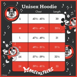LOUNGEFLY Disney100 Mouseketeers Varsity Unisex Hoodie 20 LOUNGEFLY Disney100 Mouseketeers Varsity Unisex Hoodie -Loungefly WDLFHD0026 size chart
